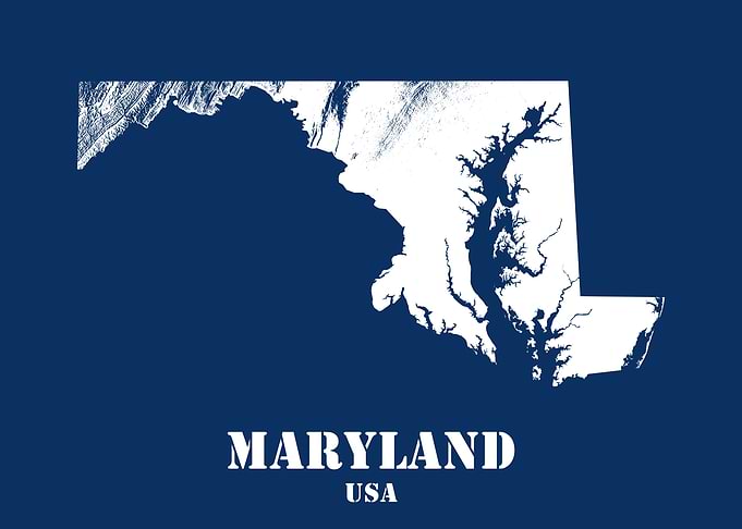 Maryland USA State Minimalist White Topographic Contour Relief Map featuring terrain on navy blue background