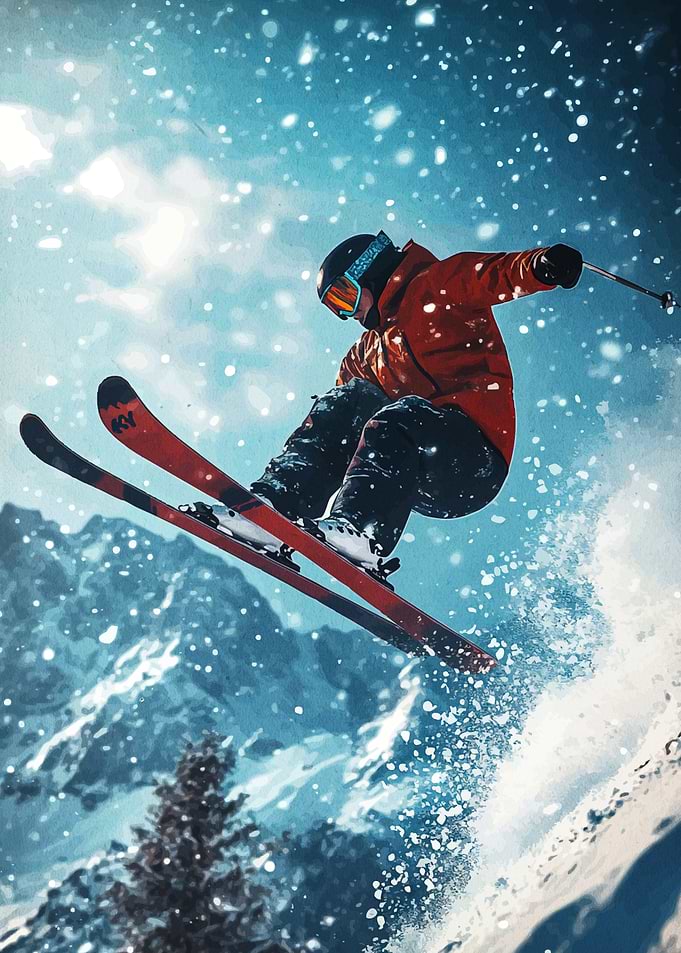 Skier Jumping in Snowy Mountain Landscape