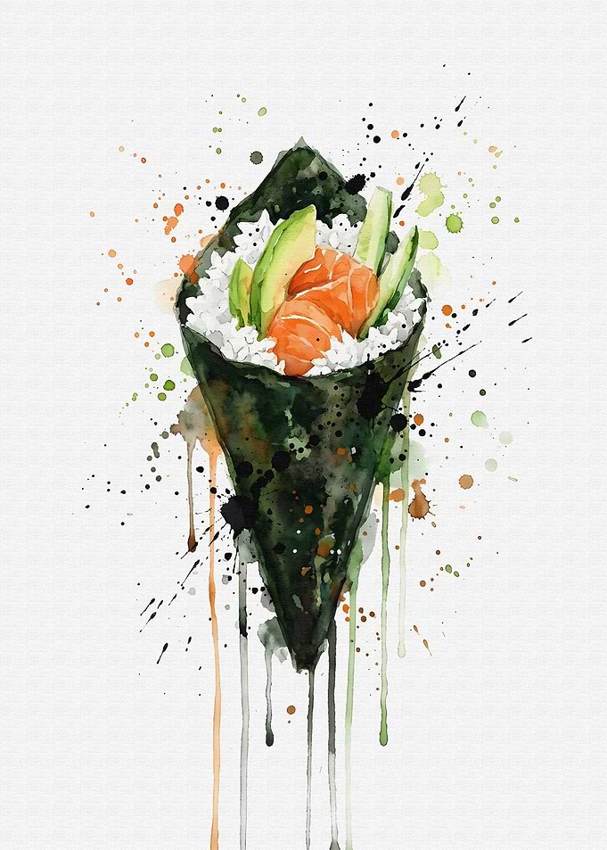 Watercolor Temaki Sushi Art