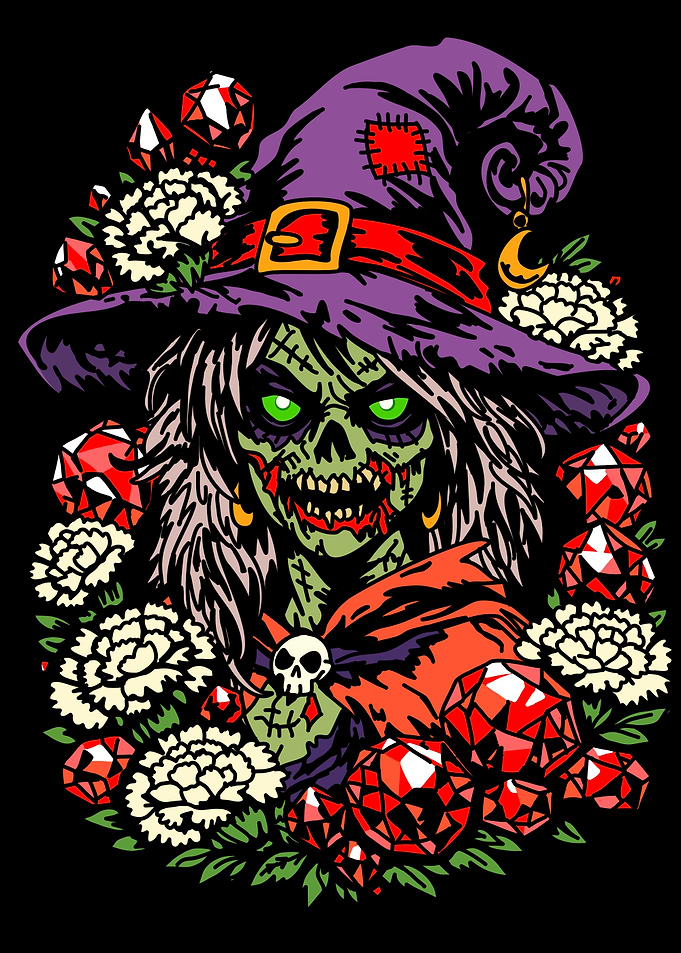 January Zombie Witch with Gems and Flowers