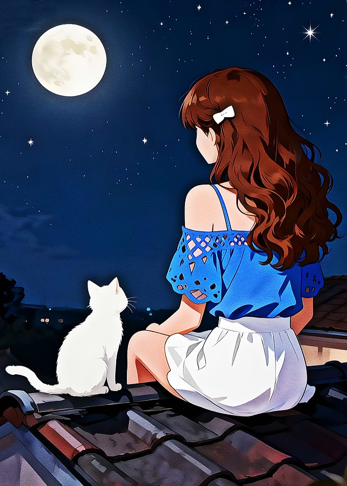 Girl and Cat Under Moonlight