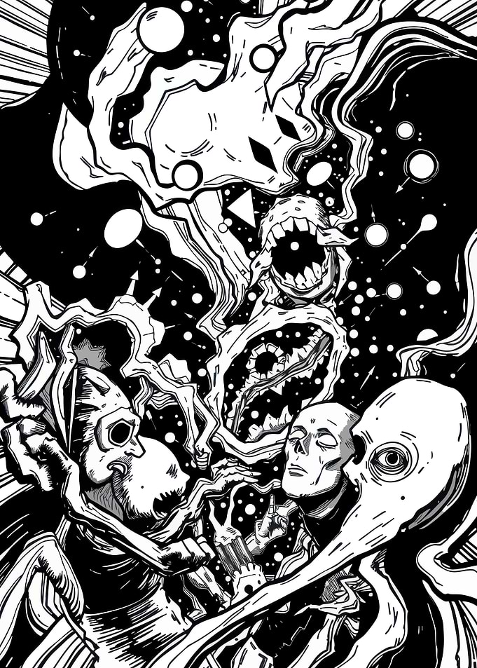 Monochrome Horror Scene with Figures