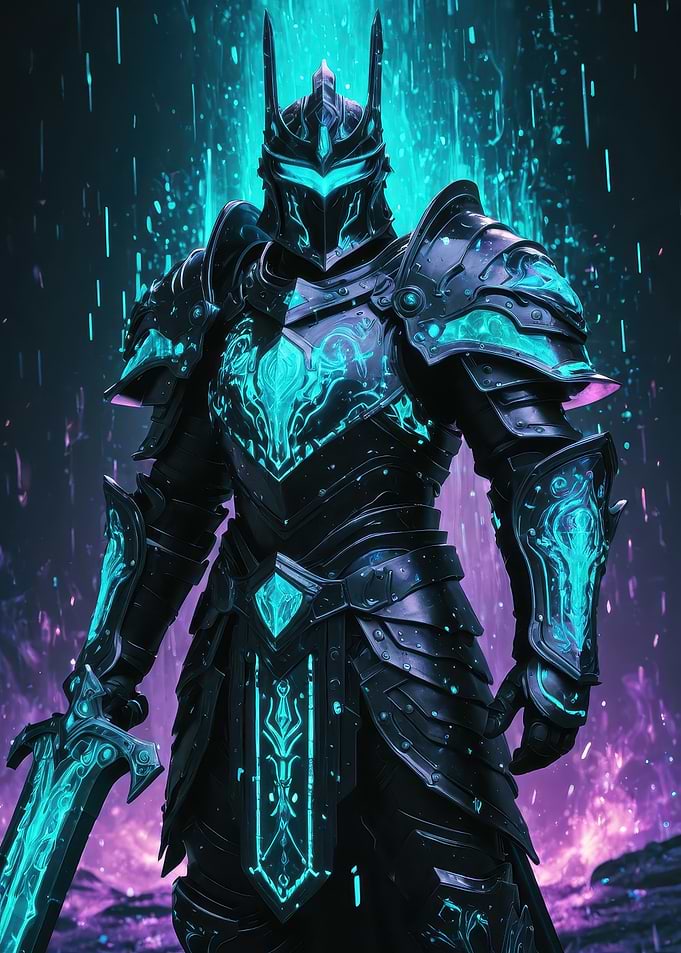 Voidlight Knight — Glowing Rune Armor in Cyan and Purple