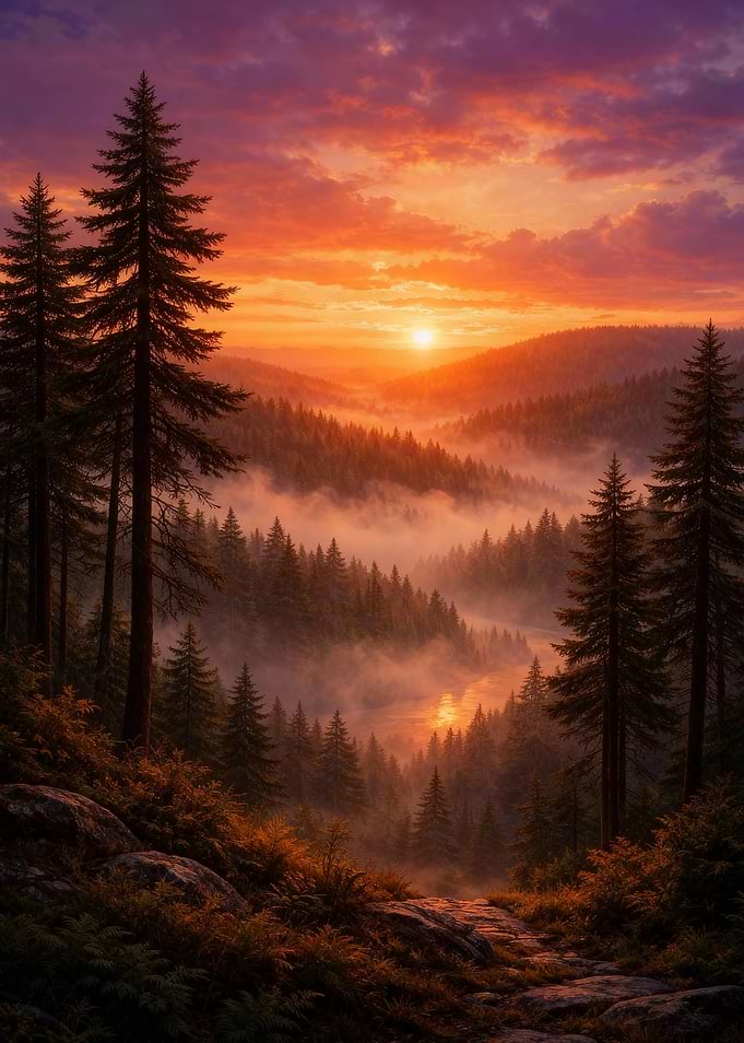 Sunset Over Misty Forest Landscape