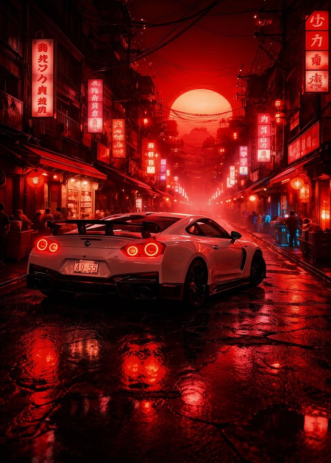 White Sports Car in Red Asian Street