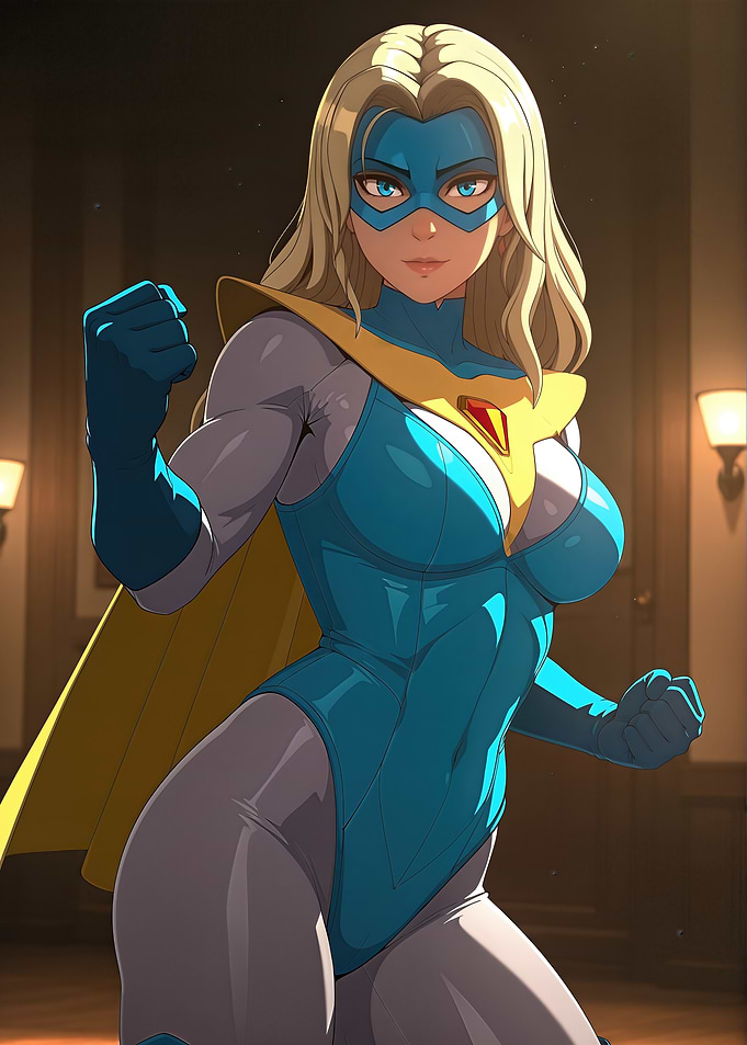 Blonde Superheroine with Blue Costume