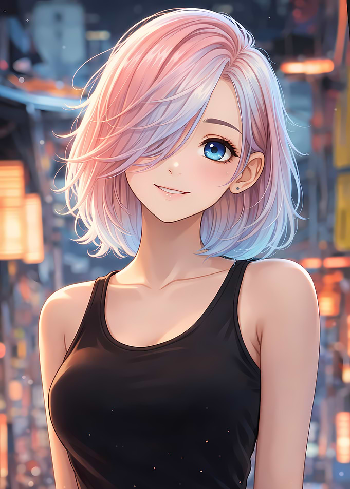 Neon Smile Anime Girl with Pink and Blue Hair
