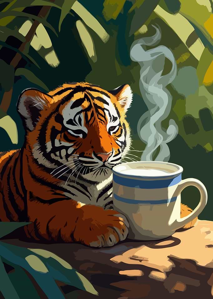 Tiger with Coffee Cup Illustration