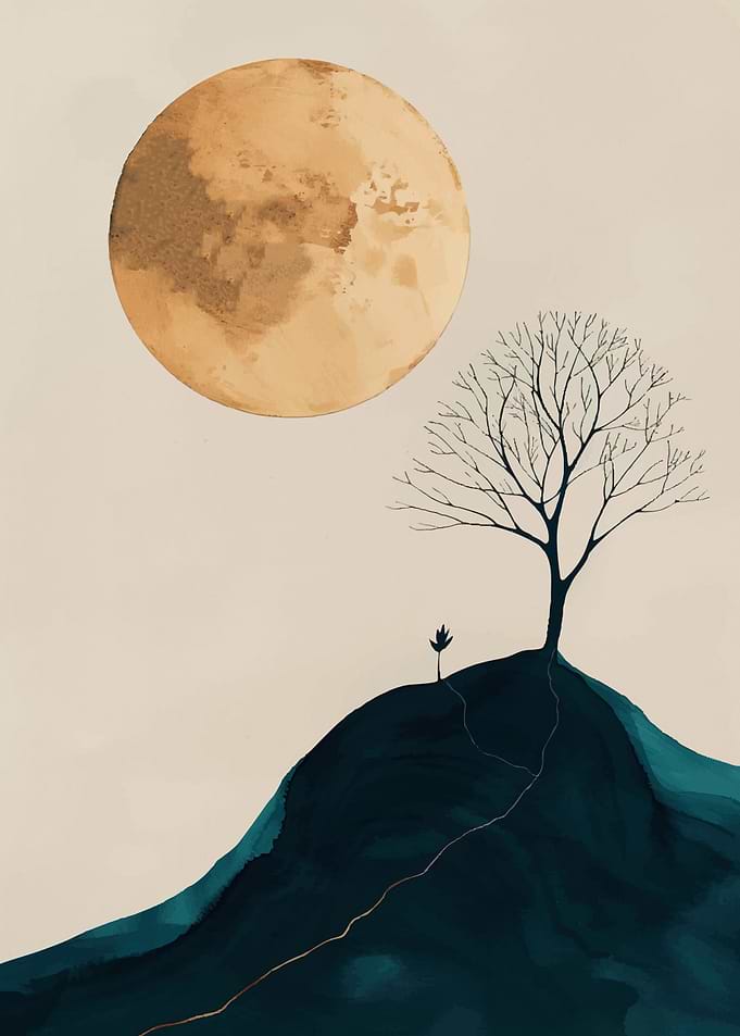 Minimalist Landscape with Moon and Tree