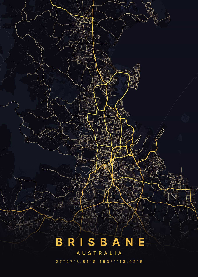 Brisbane Australia Black and Gold Map