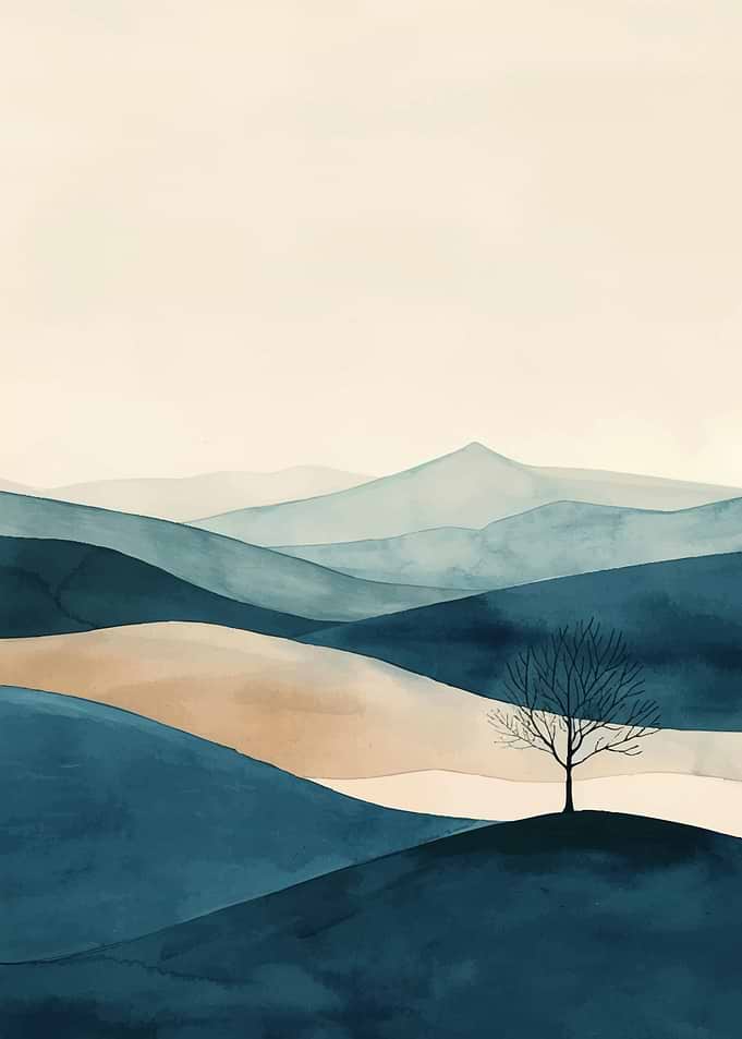 Watercolor Landscape with Tree