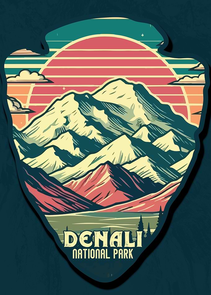 Vintage Denali National Park, Retro Denali landscape, US national park