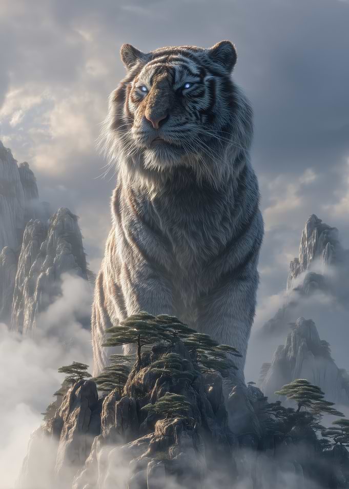 Majestic White Tiger in Mountain Landscape