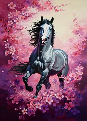 Horse in Cherry Blossoms Painting