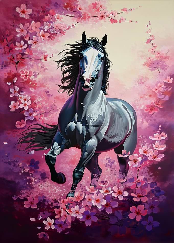 Horse in Cherry Blossoms Painting