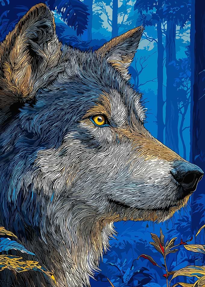 Wolf Portrait in Blue Forest