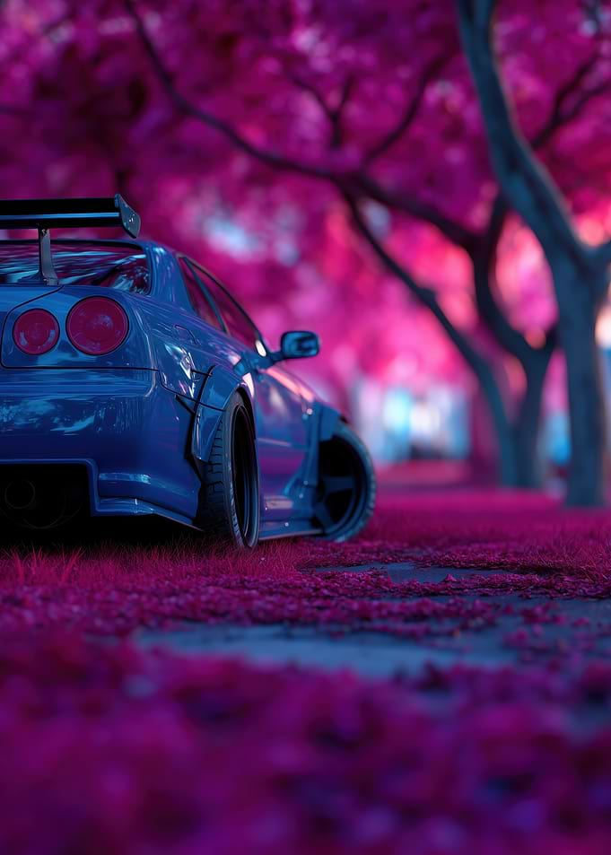 Blue Nissan Skyline R34 Under Pink Cherry Blossoms