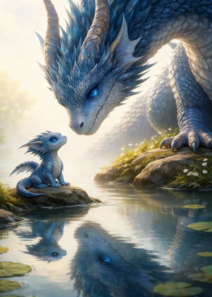 Blue Dragon and Baby by Lake