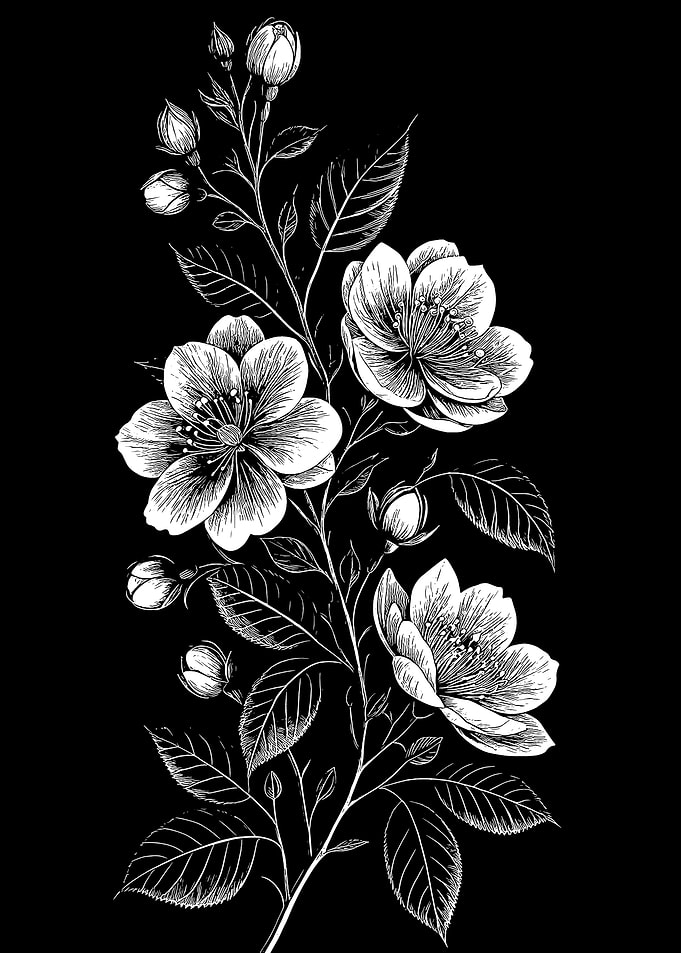 Floral Branch Illustration on Black Background