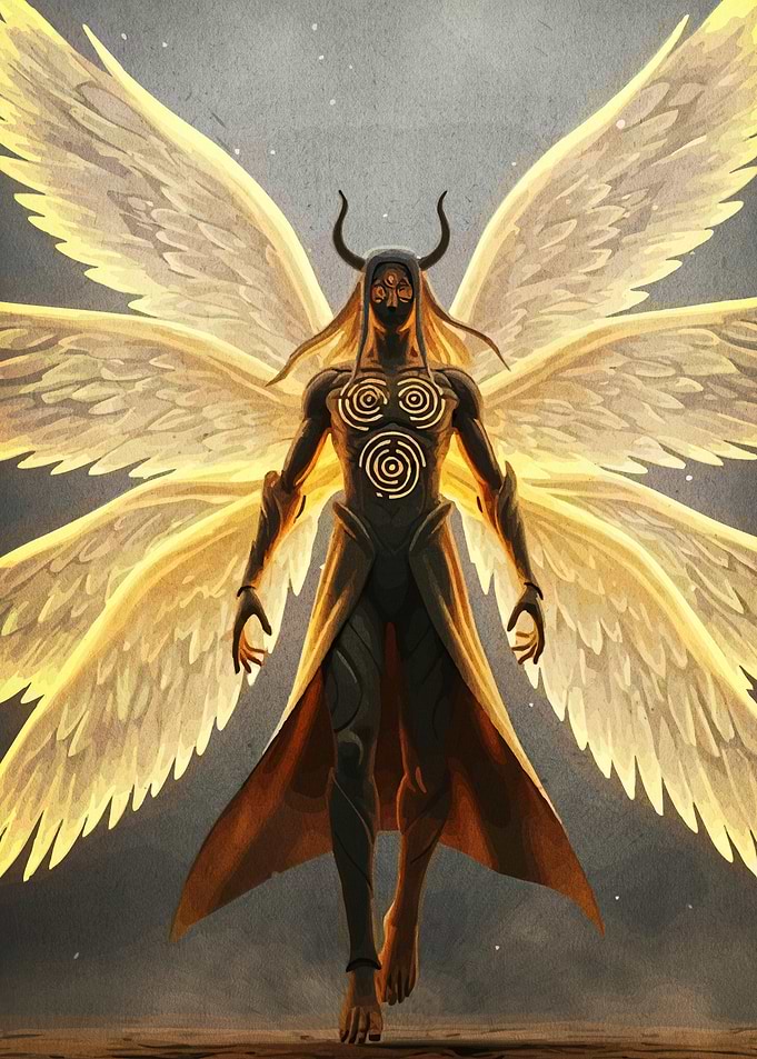 Winged Figure with Horns and Symbols