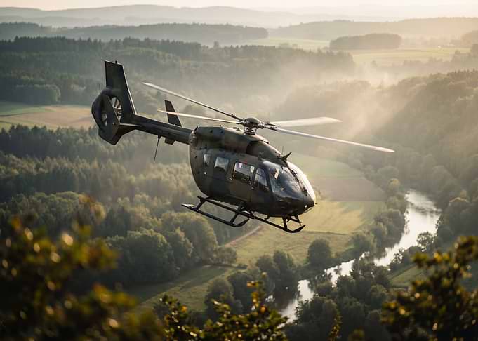 Helicopter Flying Over Forest Landscape