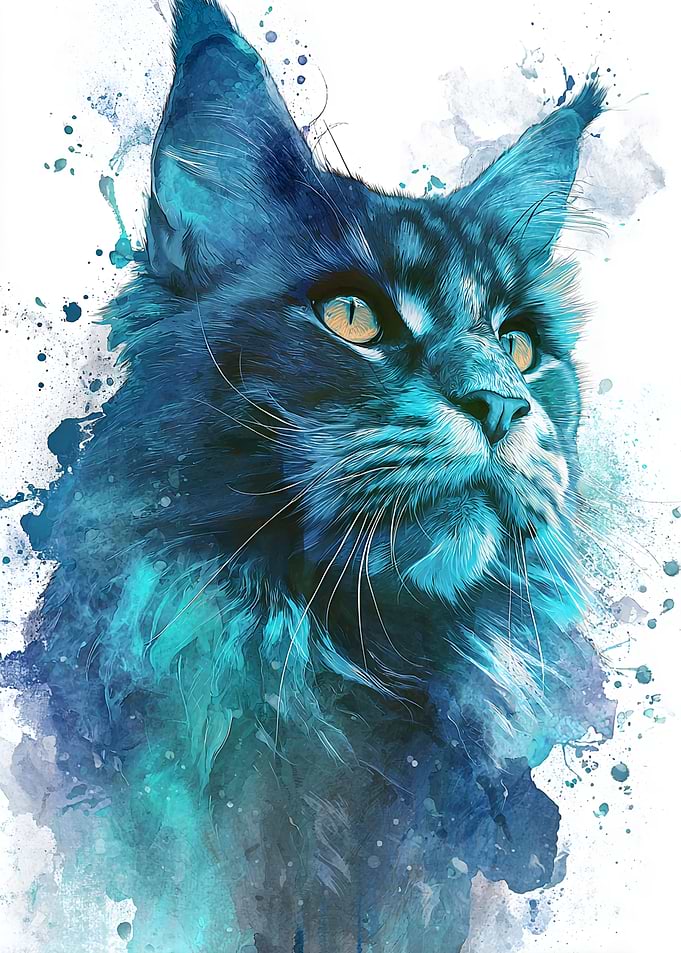 Watercolor Maine Coon Cat Portrait