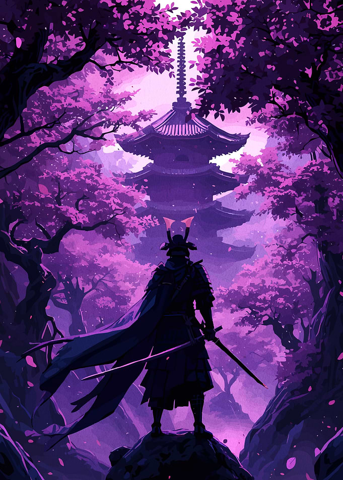 Samurai in Cherry Blossom Forest
