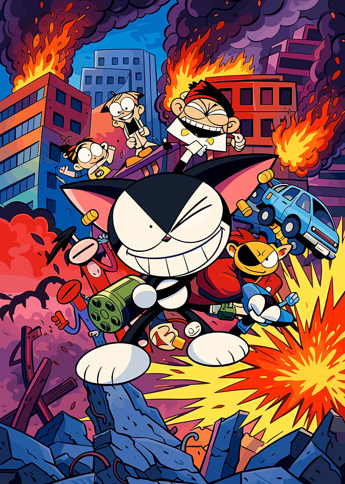 Cartoon Cat and Friends in Chaos