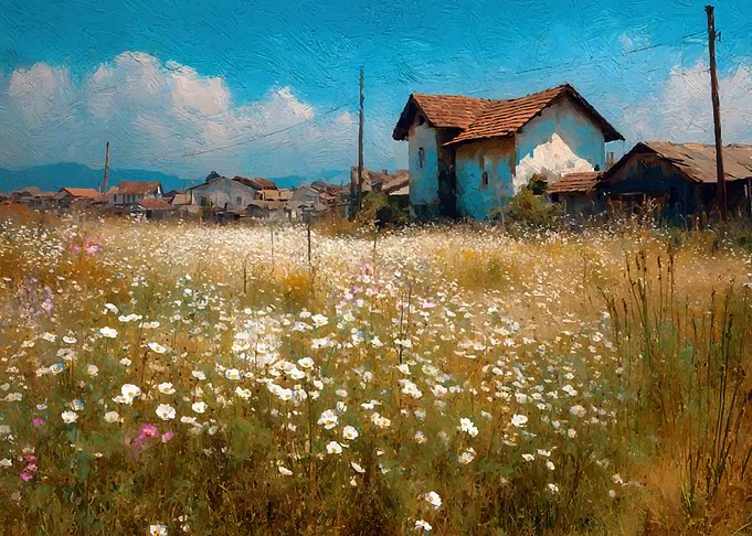Rural Landscape with Flowers and Houses