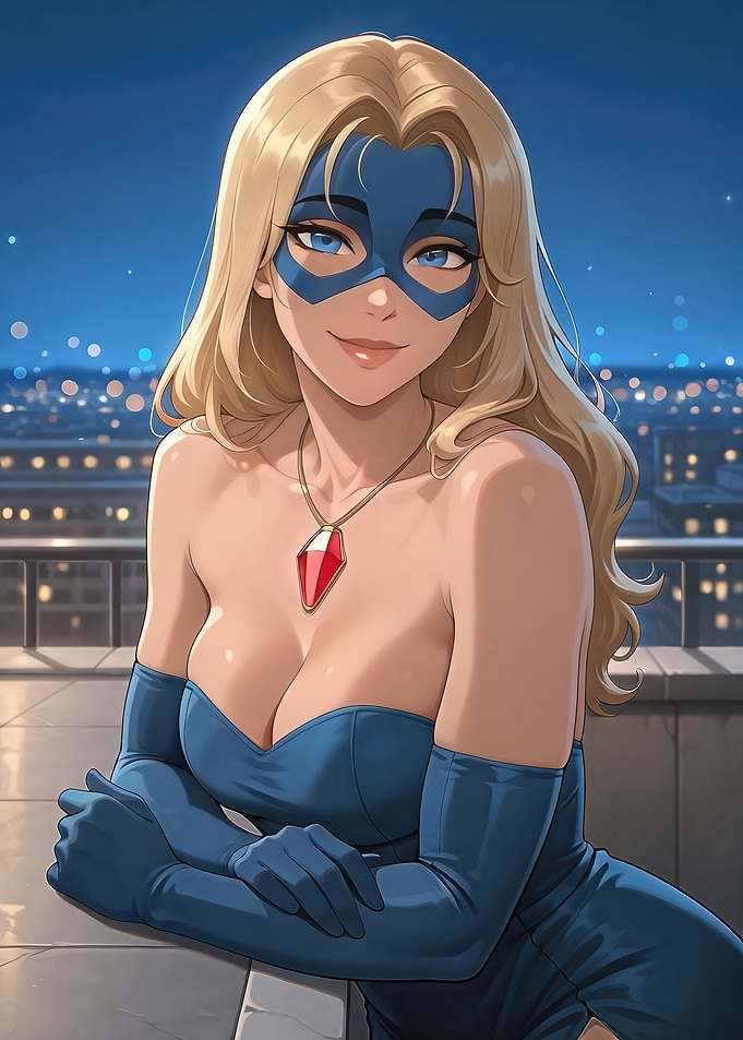 Blonde Superheroine on Rooftop at Night
