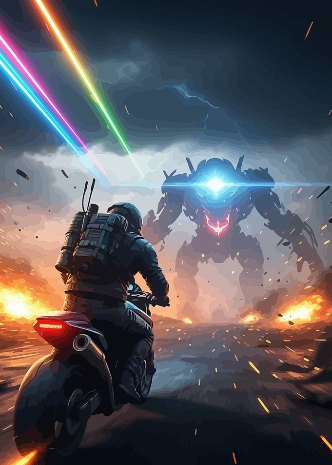 Motorcycle Rider Confronts Giant Robot