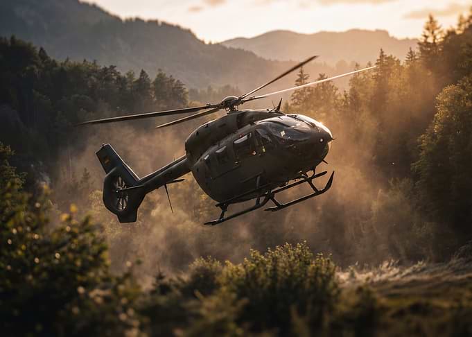 Helicopter in Flight over Forest