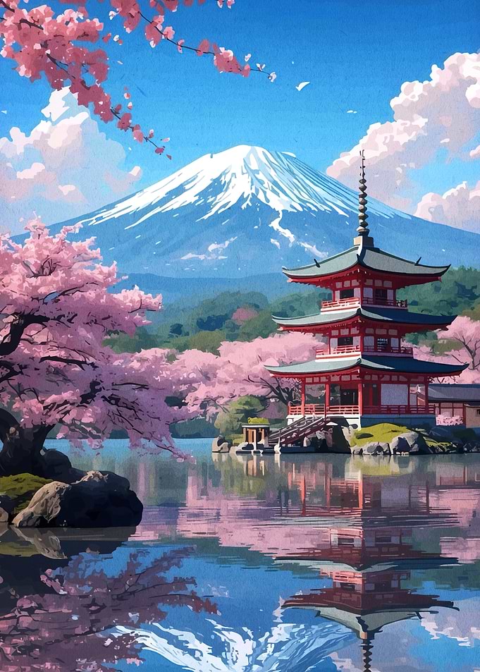 Mount Fuji and Pagoda Reflection