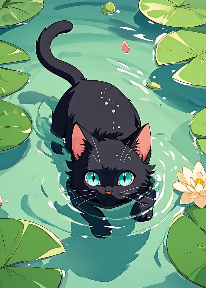 Black Cat in Pond with Lily Pads