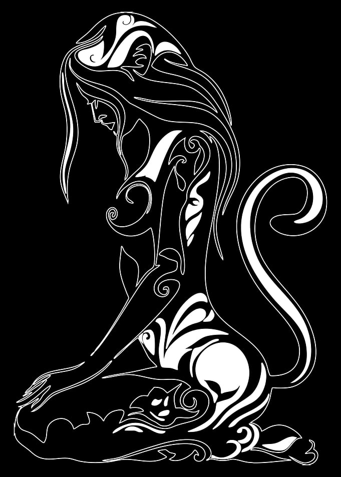 White Line Art Woman with Tail
