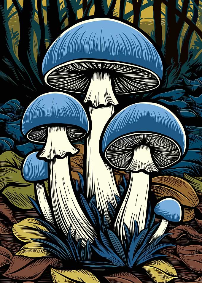 Blue Mushrooms in Forest Illustration
