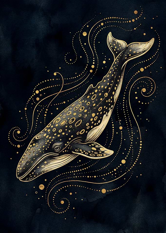 Golden Whale on Dark Blue Background