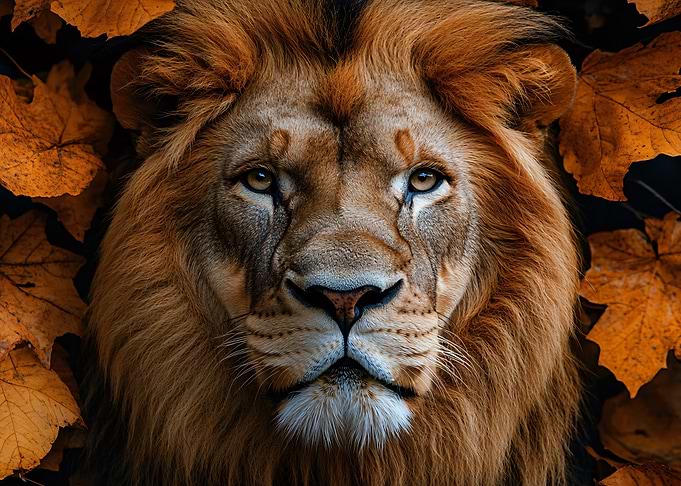 Majestic Lion Portrait with Autumn Leaves