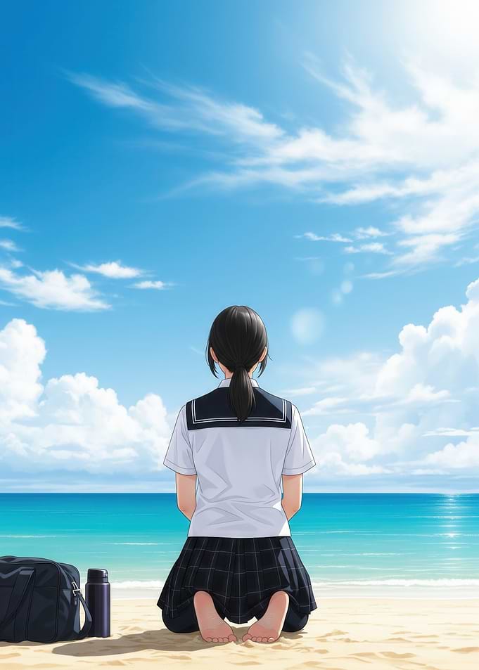 Anime Japanese School Girl at the Beach