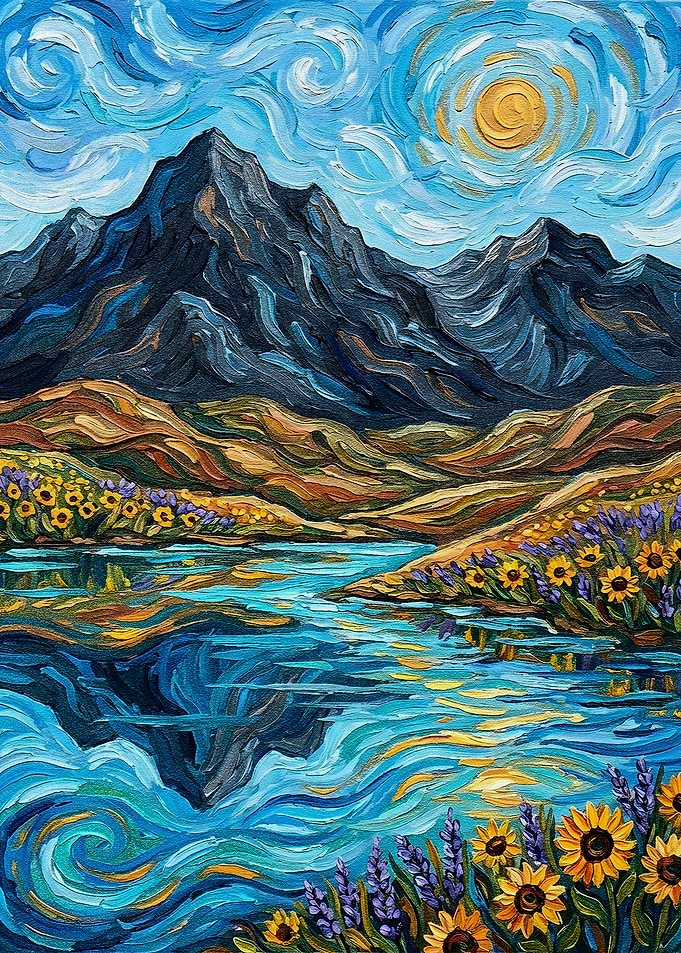 Impressionistic Mountain Landscape with Lake