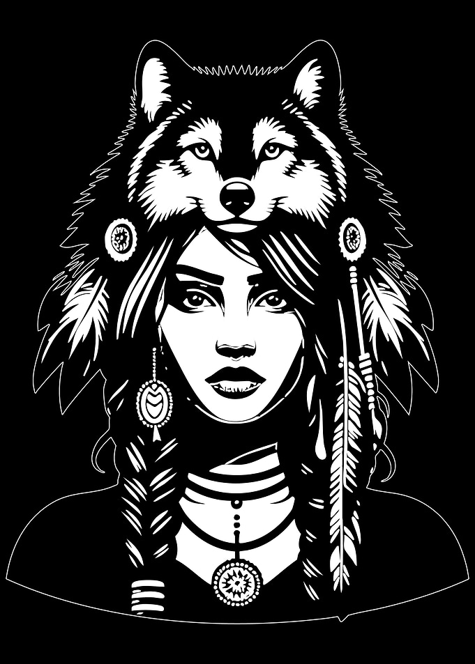 Native American Woman with Wolf Headdress
