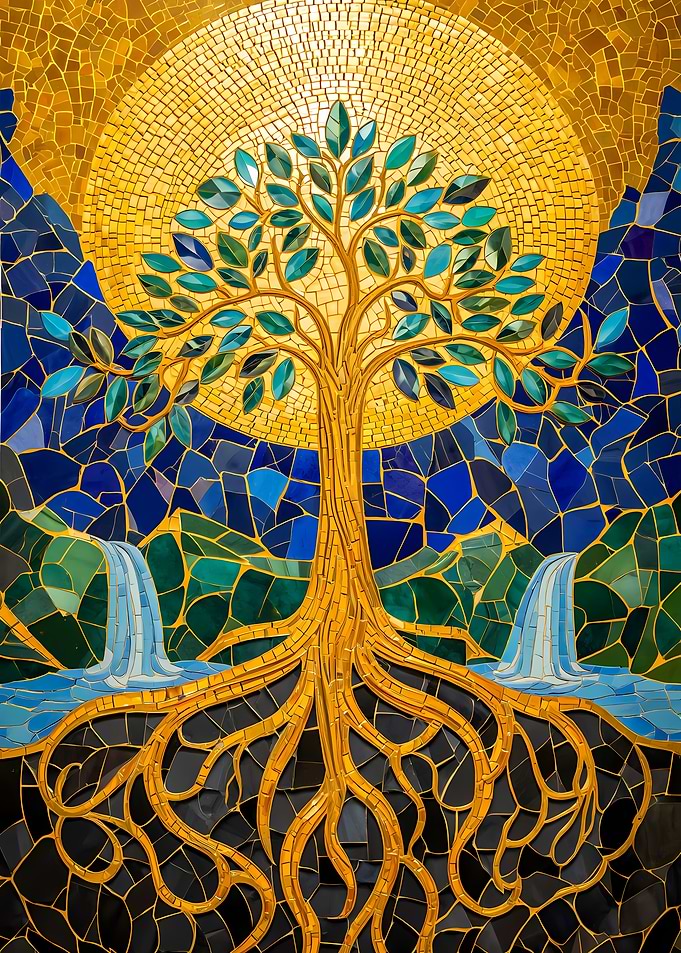 Mosaic Tree of Life with Waterfalls