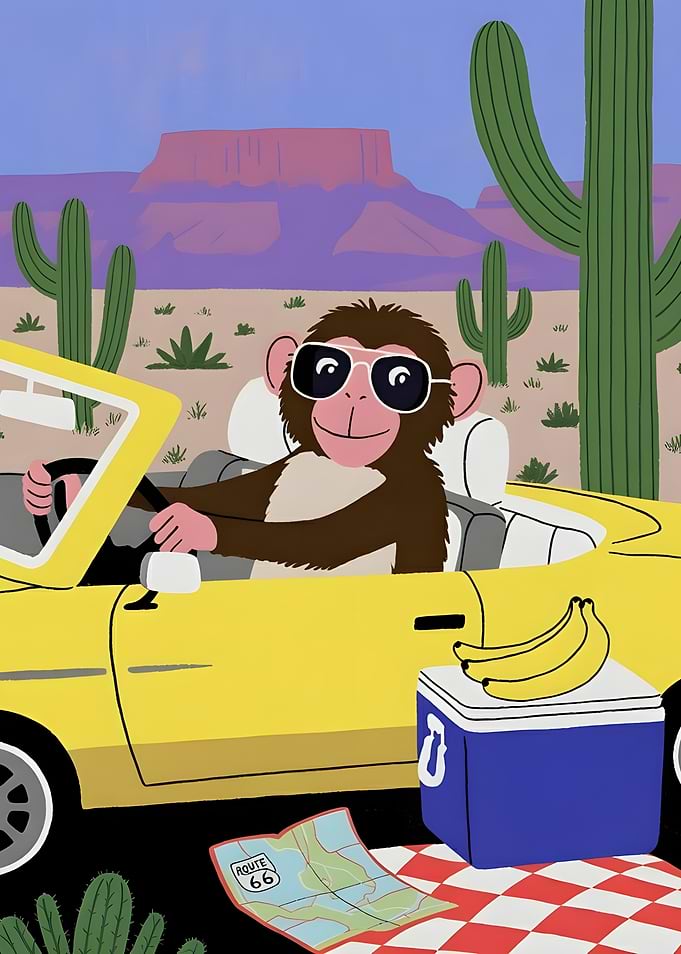 Monkey driving a yellow convertible car