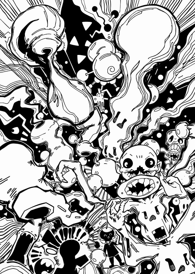 Monochrome Abstract Cartoon Character Composition