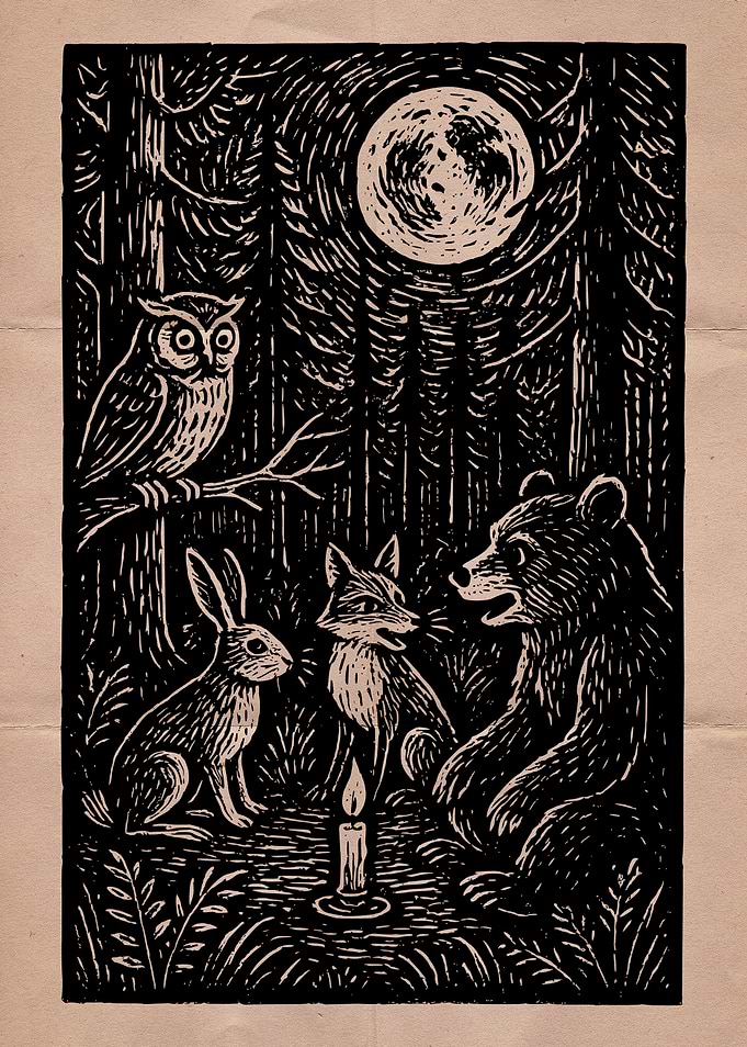 Forest Animals Meeting Under Moonlight