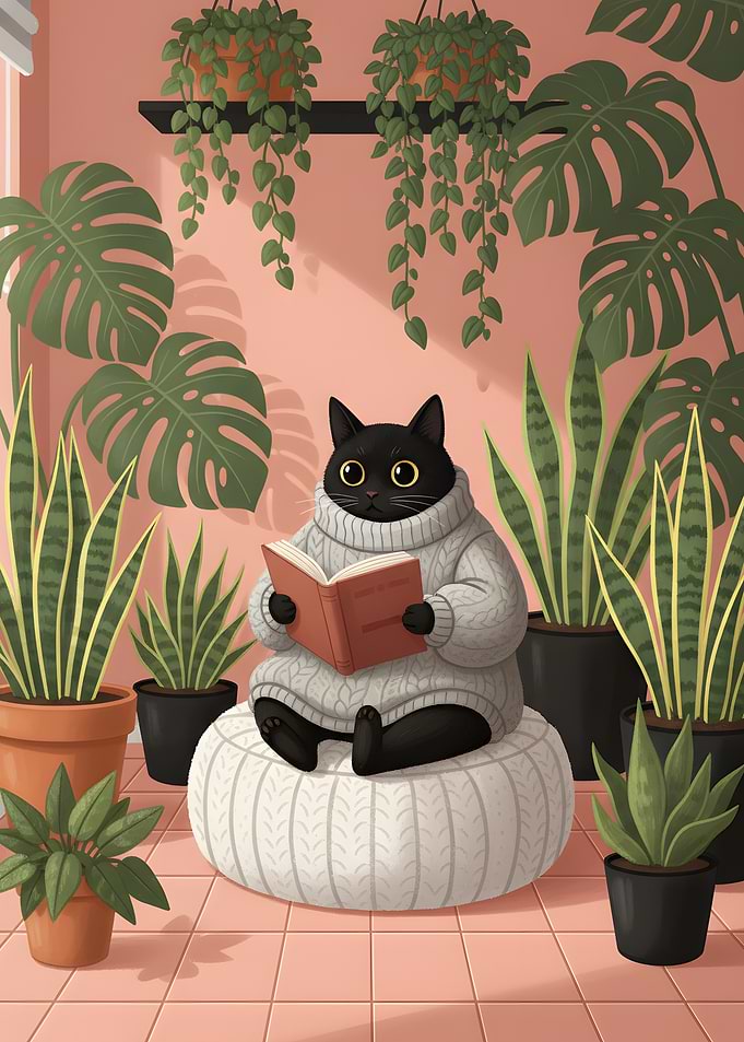 Cat Reading Book Surrounded by Plants
