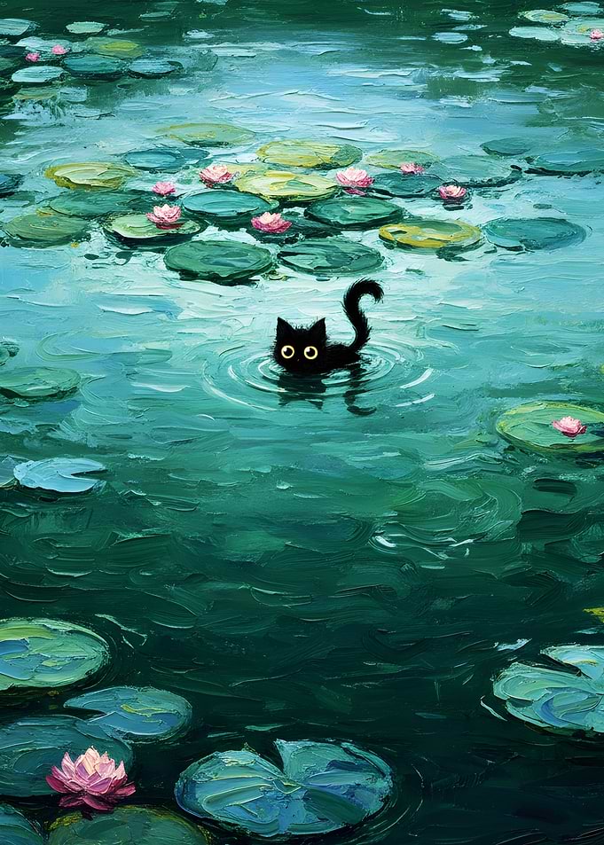 Curious Kitten in a Tranquil Lily Pond - curiosity meeting calm