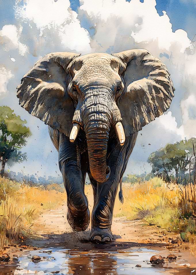 Watercolor Elephant Walking on Dirt Road