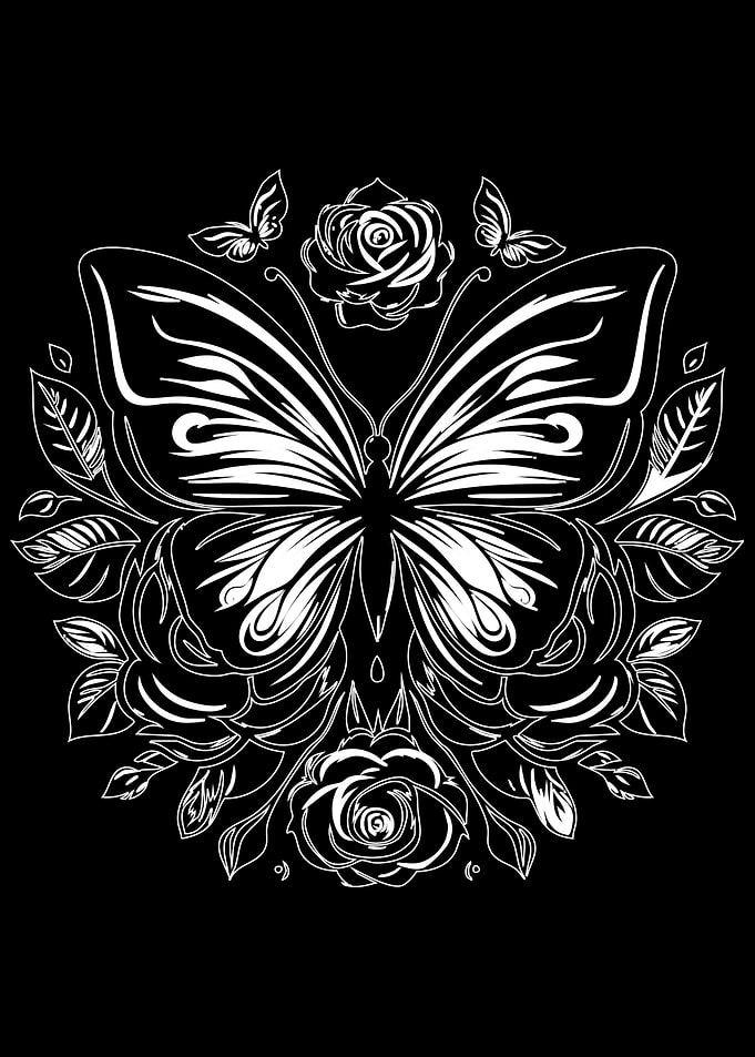 Butterfly and Roses Black and White