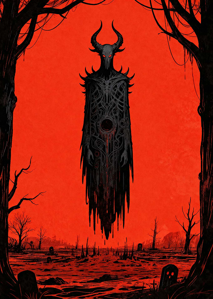 Floating dark horned figure in a graveyard